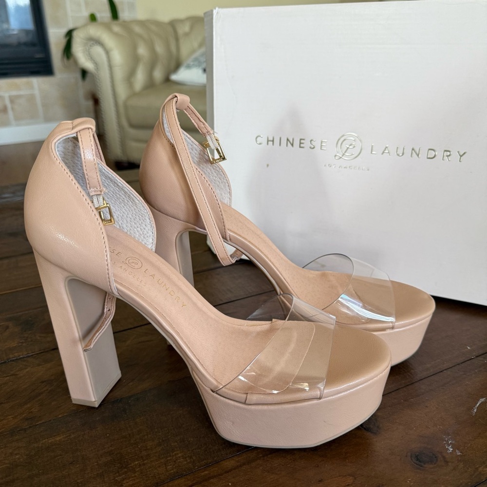 Chinese Laundry Nude Pink Platform Sandals with Clear Strap